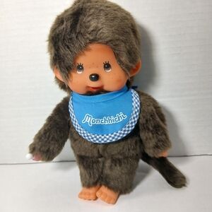 Vintage Monchhichi Sekiguchi 8” Monkey Plush With Bib Blue